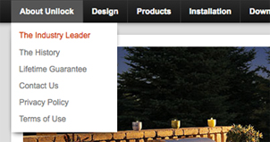 Unilock.com main navigation with the first menu item, "About Us" hovered over to reveal the dropdown submenu